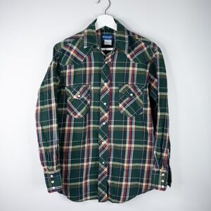 Vintage‎ Wrangler Western Flannel Shirt Mens Medium Green Plaid Pearl Snap Yoke